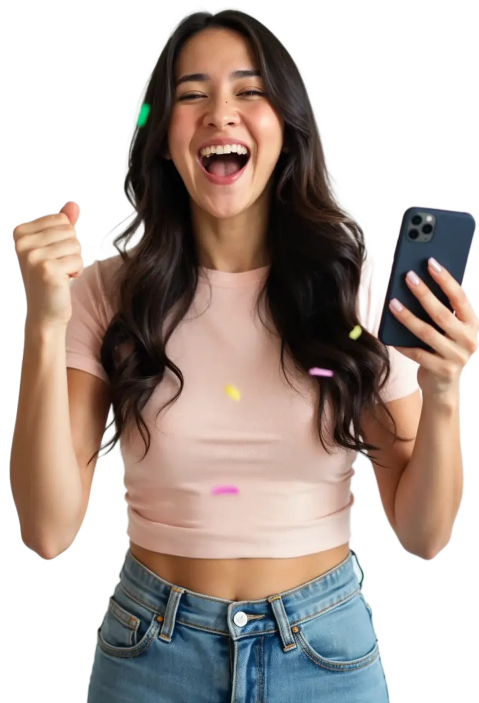 Streamer feliz celebrando su éxito con Imperis, agencia líder en oportunidades financieras para mujeres.