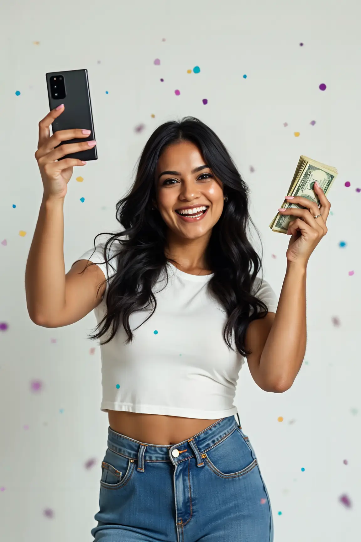 Streamer feliz mostrando su dinero en efectivo y su teléfono, simbolizando pagos semanales.